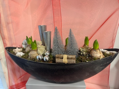 Christmas Hyacinth planted boat shape table arrangement with candle holders