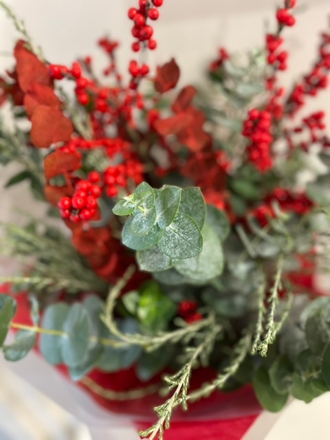 Christmas Textures Ilex berry, eucalyptus and Christmas foliages