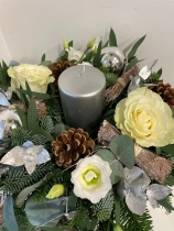 Christmas table centre white and silver with silver pillar candle